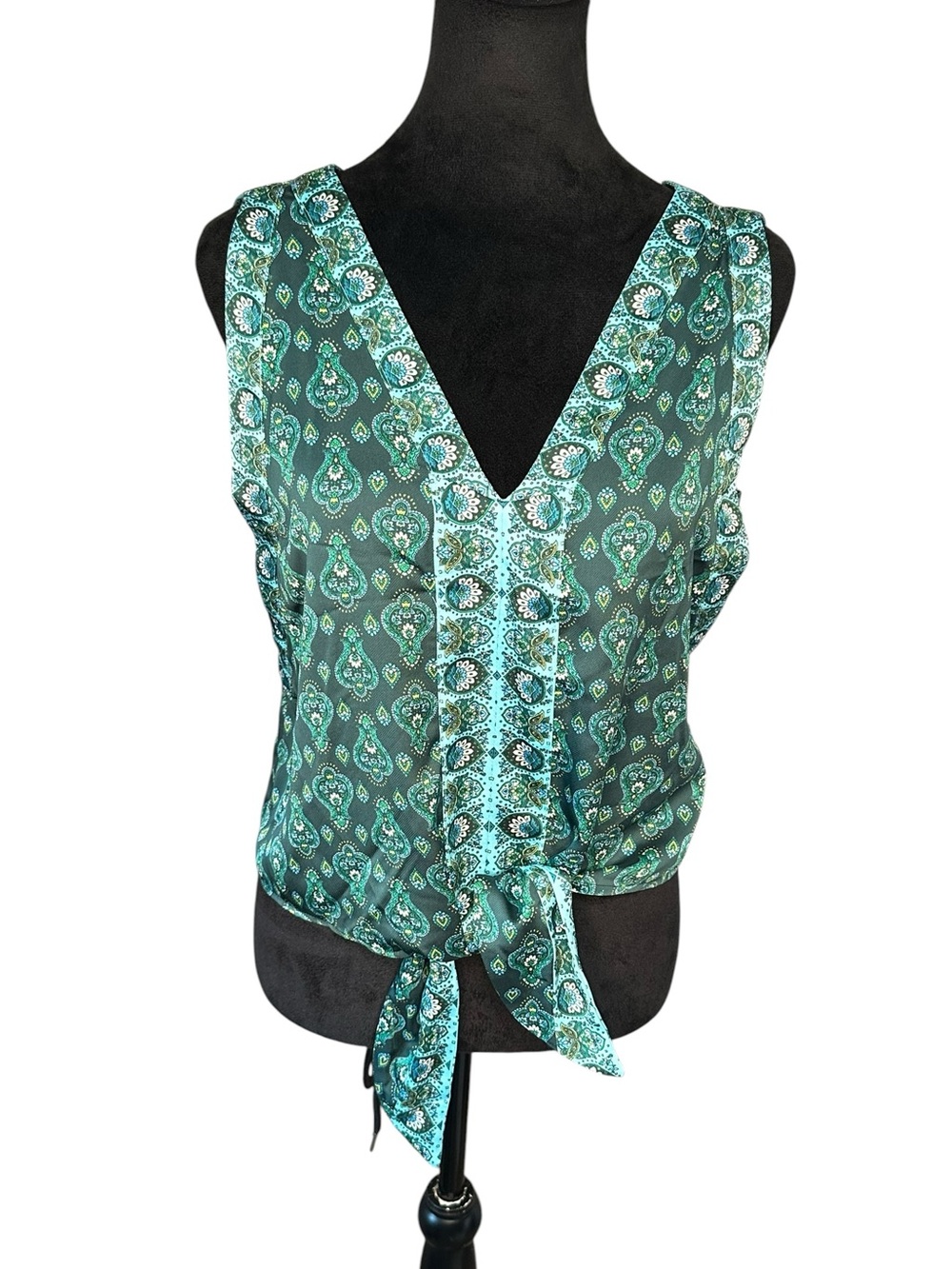LOFT Women XS Green Paisley Tie Front Sleeveless Blouse V Neck Boho Top